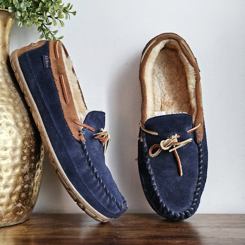 L.L.Bean Men’s Wicked Good Moccasin Slippers Lamb Shearling Suede Navy Size 12 M